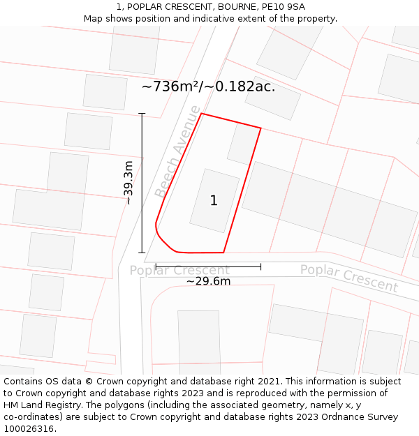 1, POPLAR CRESCENT, BOURNE, PE10 9SA: Plot and title map