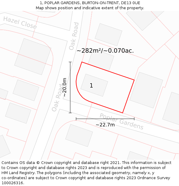 1, POPLAR GARDENS, BURTON-ON-TRENT, DE13 0UE: Plot and title map