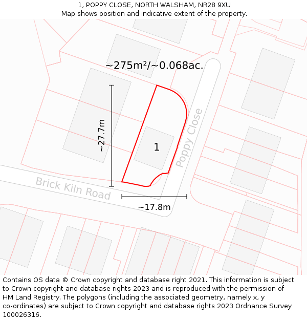 1, POPPY CLOSE, NORTH WALSHAM, NR28 9XU: Plot and title map