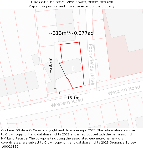 1, POPPYFIELDS DRIVE, MICKLEOVER, DERBY, DE3 9GB: Plot and title map