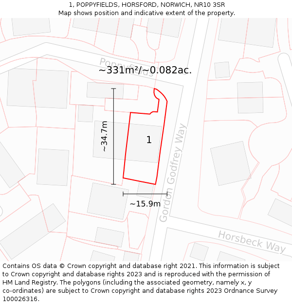 1, POPPYFIELDS, HORSFORD, NORWICH, NR10 3SR: Plot and title map