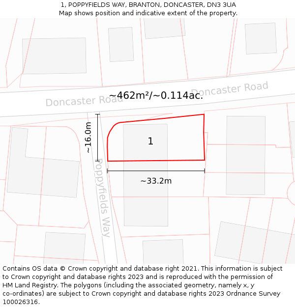 1, POPPYFIELDS WAY, BRANTON, DONCASTER, DN3 3UA: Plot and title map