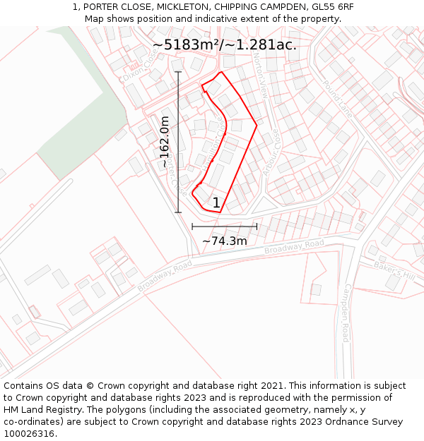 1, PORTER CLOSE, MICKLETON, CHIPPING CAMPDEN, GL55 6RF: Plot and title map