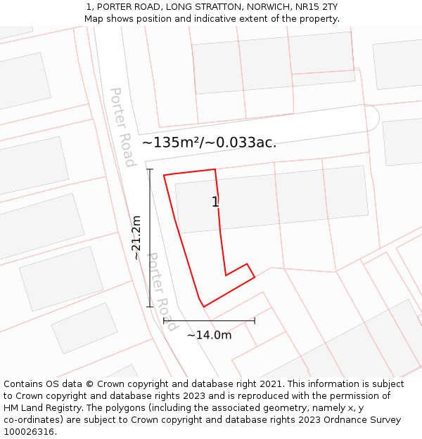 1, PORTER ROAD, LONG STRATTON, NORWICH, NR15 2TY: Plot and title map