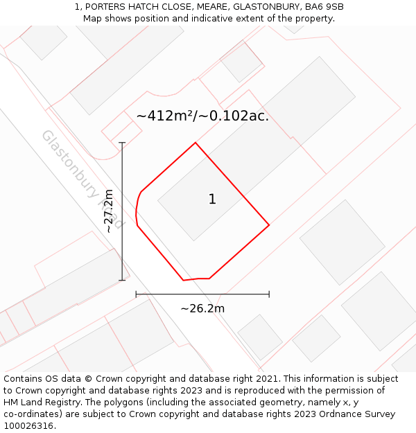 1, PORTERS HATCH CLOSE, MEARE, GLASTONBURY, BA6 9SB: Plot and title map
