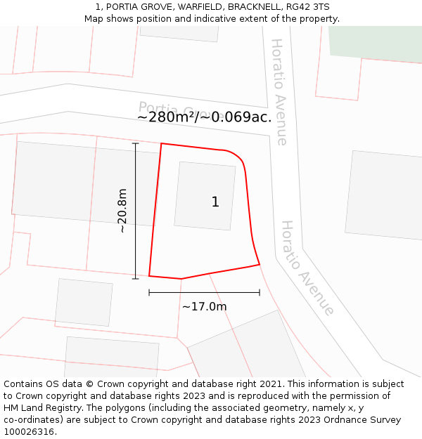 1, PORTIA GROVE, WARFIELD, BRACKNELL, RG42 3TS: Plot and title map