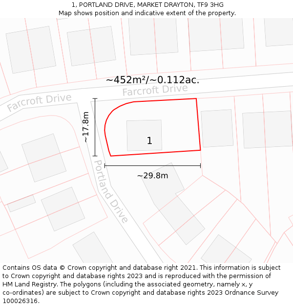1, PORTLAND DRIVE, MARKET DRAYTON, TF9 3HG: Plot and title map