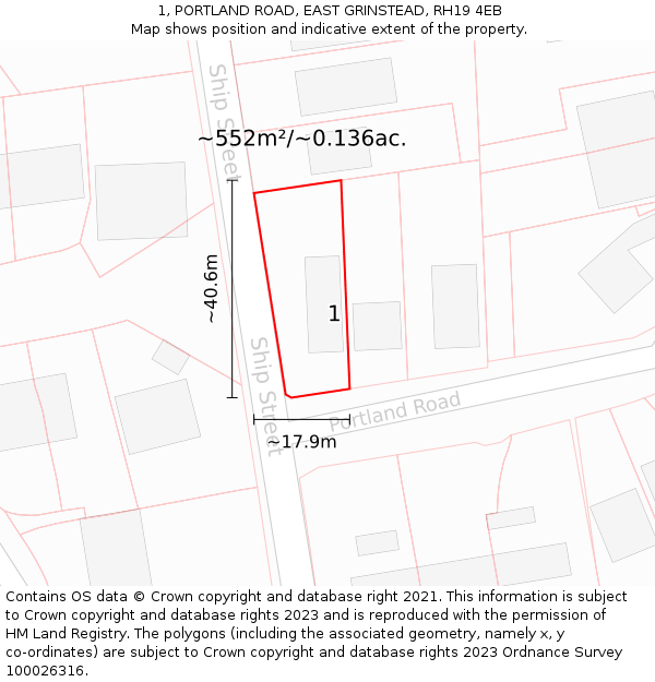 1, PORTLAND ROAD, EAST GRINSTEAD, RH19 4EB: Plot and title map