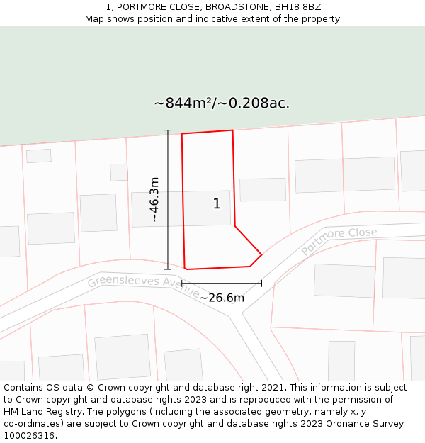 1, PORTMORE CLOSE, BROADSTONE, BH18 8BZ: Plot and title map