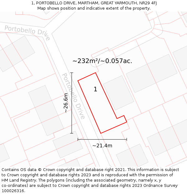 1, PORTOBELLO DRIVE, MARTHAM, GREAT YARMOUTH, NR29 4FJ: Plot and title map