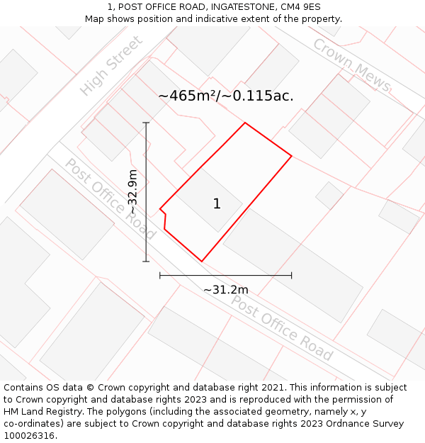 1, POST OFFICE ROAD, INGATESTONE, CM4 9ES: Plot and title map