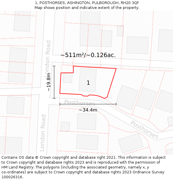 1, POSTHORSES, ASHINGTON, PULBOROUGH, RH20 3QF: Plot and title map