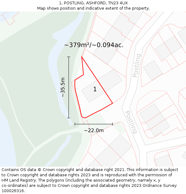 1, POSTLING, ASHFORD, TN23 4UX: Plot and title map