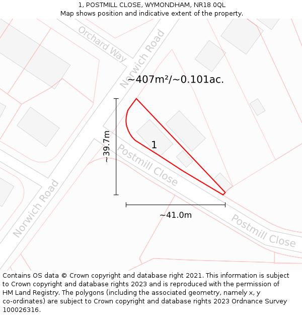 1, POSTMILL CLOSE, WYMONDHAM, NR18 0QL: Plot and title map