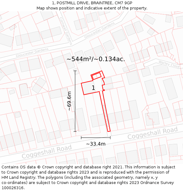 1, POSTMILL DRIVE, BRAINTREE, CM7 9GP: Plot and title map