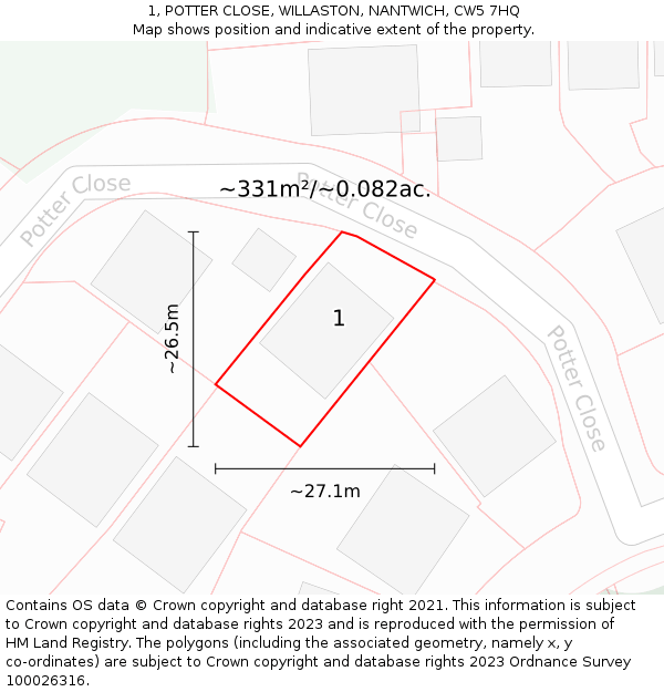 1, POTTER CLOSE, WILLASTON, NANTWICH, CW5 7HQ: Plot and title map