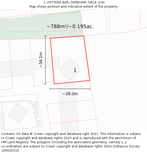 1, POTTERS BAR, DEREHAM, NR19 1HN: Plot and title map