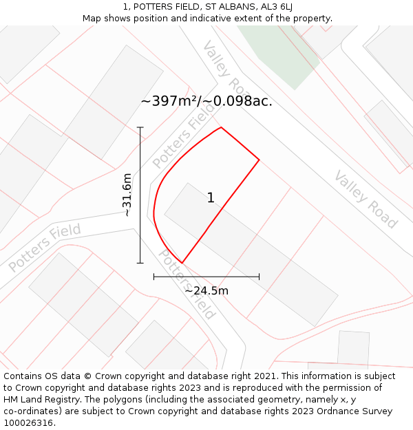1, POTTERS FIELD, ST ALBANS, AL3 6LJ: Plot and title map