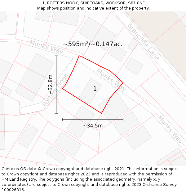 1, POTTERS NOOK, SHIREOAKS, WORKSOP, S81 8NF: Plot and title map