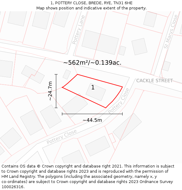 1, POTTERY CLOSE, BREDE, RYE, TN31 6HE: Plot and title map