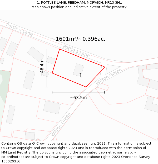 1, POTTLES LANE, REEDHAM, NORWICH, NR13 3HL: Plot and title map