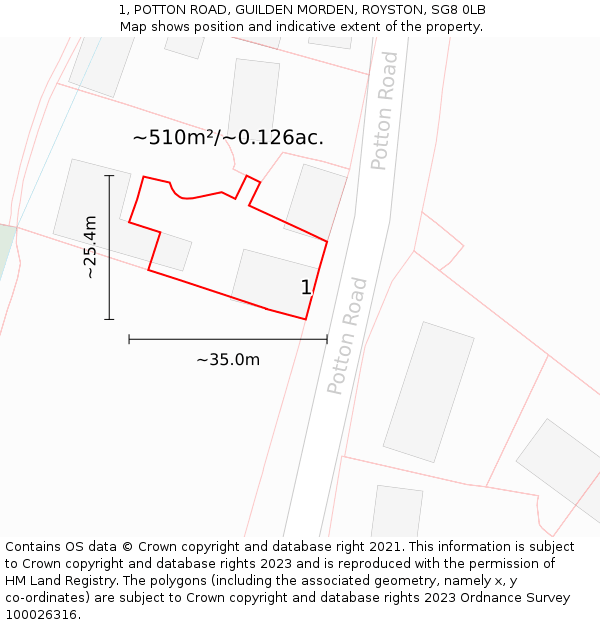 1, POTTON ROAD, GUILDEN MORDEN, ROYSTON, SG8 0LB: Plot and title map