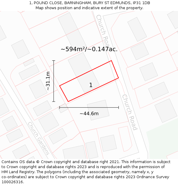 1, POUND CLOSE, BARNINGHAM, BURY ST EDMUNDS, IP31 1DB: Plot and title map