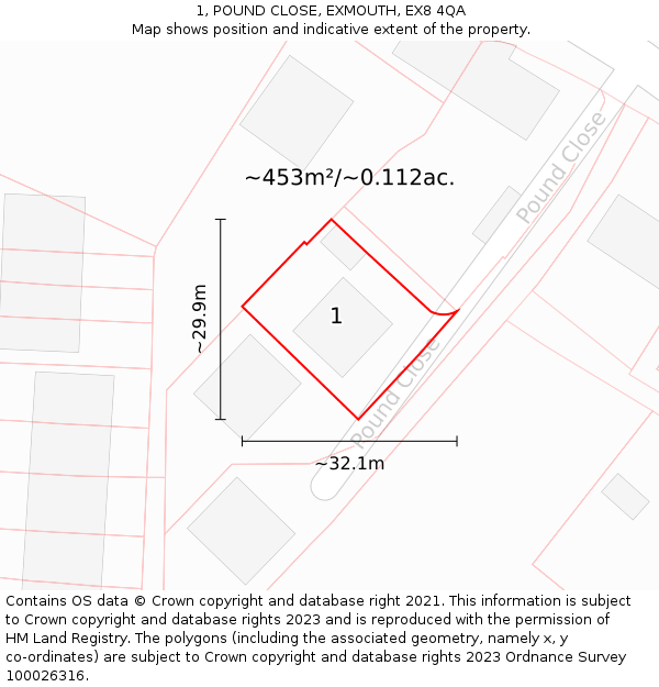 1, POUND CLOSE, EXMOUTH, EX8 4QA: Plot and title map