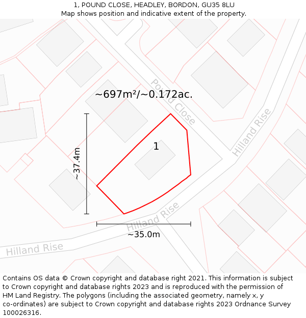 1, POUND CLOSE, HEADLEY, BORDON, GU35 8LU: Plot and title map