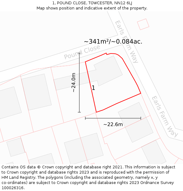 1, POUND CLOSE, TOWCESTER, NN12 6LJ: Plot and title map