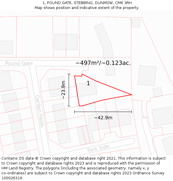 1, POUND GATE, STEBBING, DUNMOW, CM6 3RH: Plot and title map