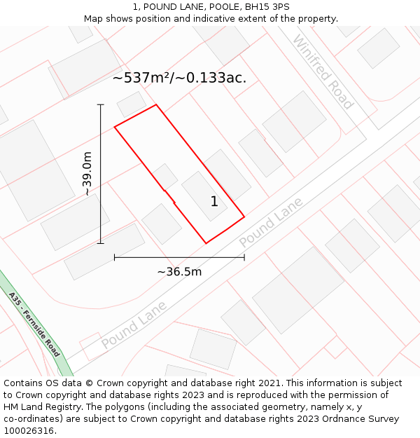 1, POUND LANE, POOLE, BH15 3PS: Plot and title map