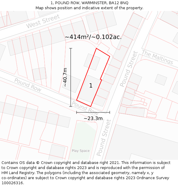 1, POUND ROW, WARMINSTER, BA12 8NQ: Plot and title map