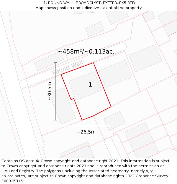 1, POUND WALL, BROADCLYST, EXETER, EX5 3EB: Plot and title map