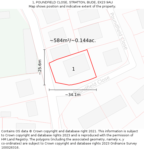 1, POUNDFIELD CLOSE, STRATTON, BUDE, EX23 9AU: Plot and title map