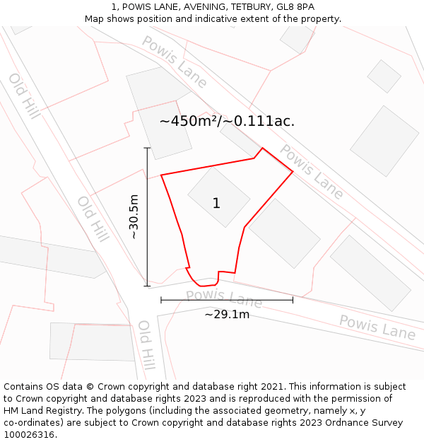 1, POWIS LANE, AVENING, TETBURY, GL8 8PA: Plot and title map