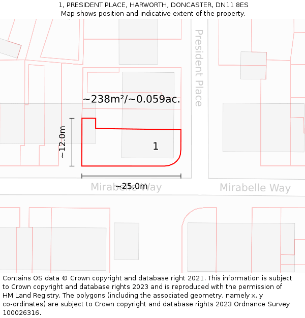 1, PRESIDENT PLACE, HARWORTH, DONCASTER, DN11 8ES: Plot and title map