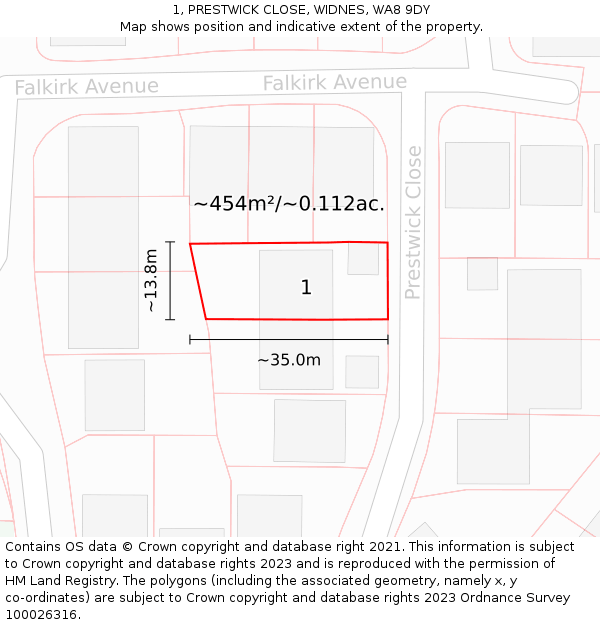 1, PRESTWICK CLOSE, WIDNES, WA8 9DY: Plot and title map
