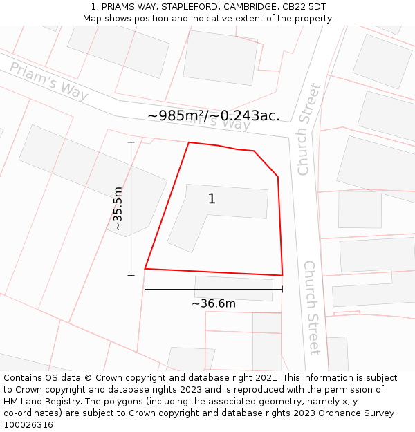 1, PRIAMS WAY, STAPLEFORD, CAMBRIDGE, CB22 5DT: Plot and title map