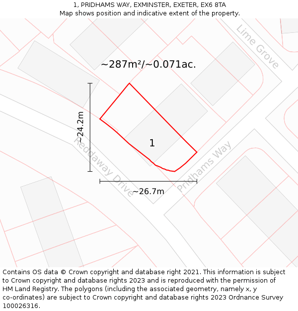 1, PRIDHAMS WAY, EXMINSTER, EXETER, EX6 8TA: Plot and title map
