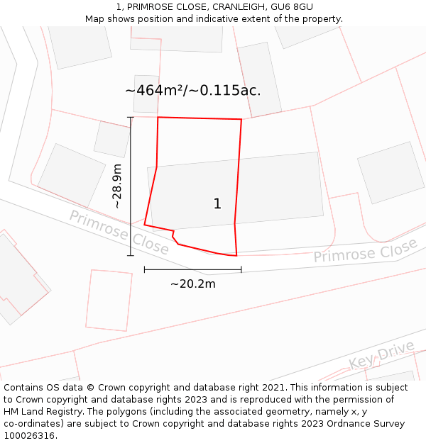 1, PRIMROSE CLOSE, CRANLEIGH, GU6 8GU: Plot and title map