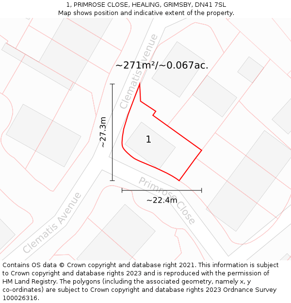 1, PRIMROSE CLOSE, HEALING, GRIMSBY, DN41 7SL: Plot and title map