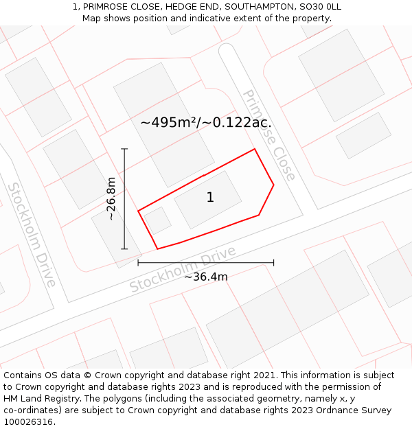 1, PRIMROSE CLOSE, HEDGE END, SOUTHAMPTON, SO30 0LL: Plot and title map