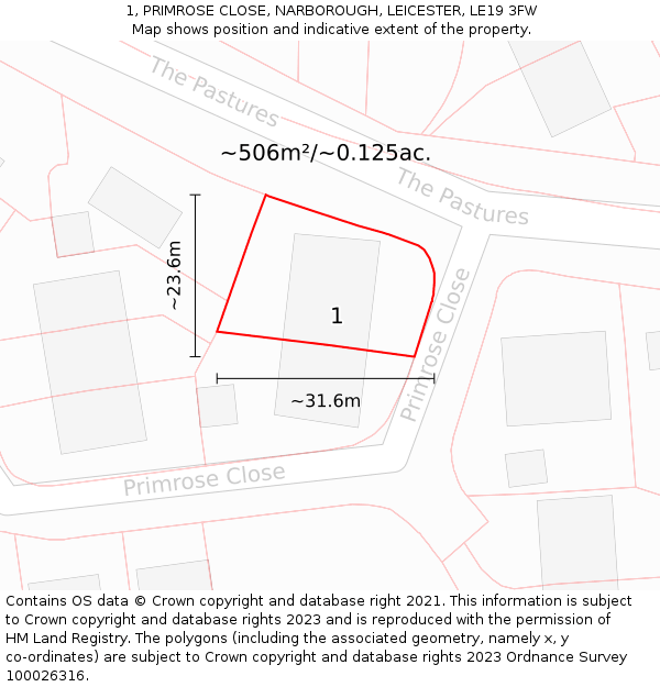 1, PRIMROSE CLOSE, NARBOROUGH, LEICESTER, LE19 3FW: Plot and title map