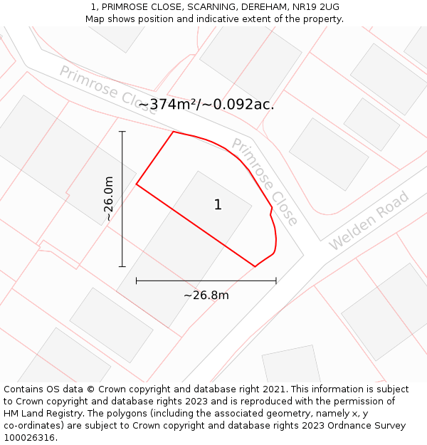 1, PRIMROSE CLOSE, SCARNING, DEREHAM, NR19 2UG: Plot and title map