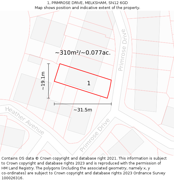 1, PRIMROSE DRIVE, MELKSHAM, SN12 6GD: Plot and title map