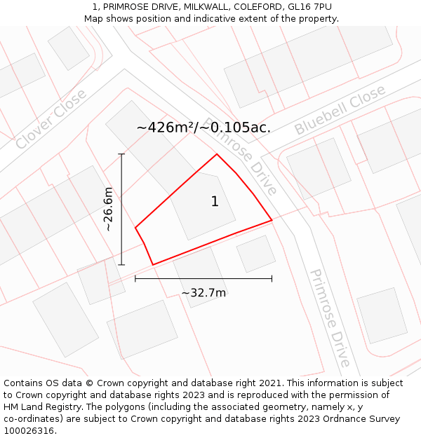 1, PRIMROSE DRIVE, MILKWALL, COLEFORD, GL16 7PU: Plot and title map