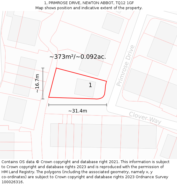 1, PRIMROSE DRIVE, NEWTON ABBOT, TQ12 1GF: Plot and title map