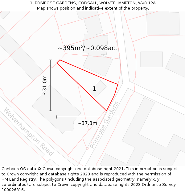 1, PRIMROSE GARDENS, CODSALL, WOLVERHAMPTON, WV8 1PA: Plot and title map