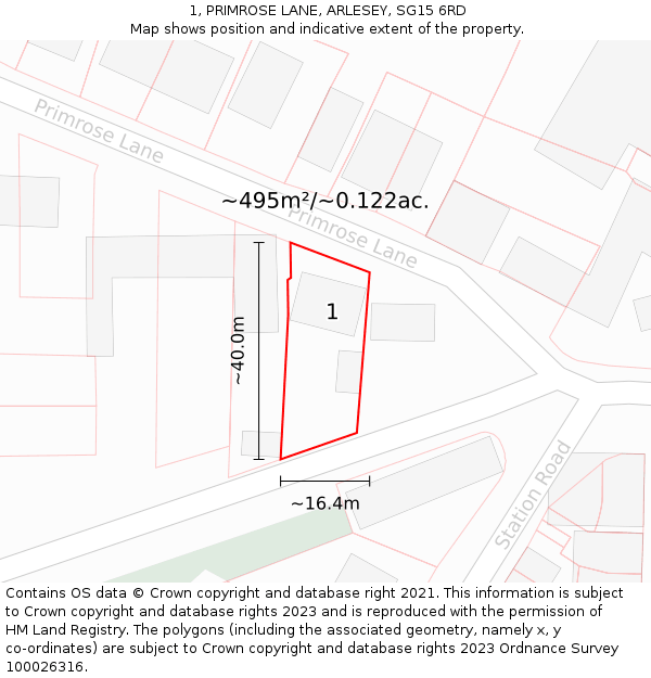 1, PRIMROSE LANE, ARLESEY, SG15 6RD: Plot and title map